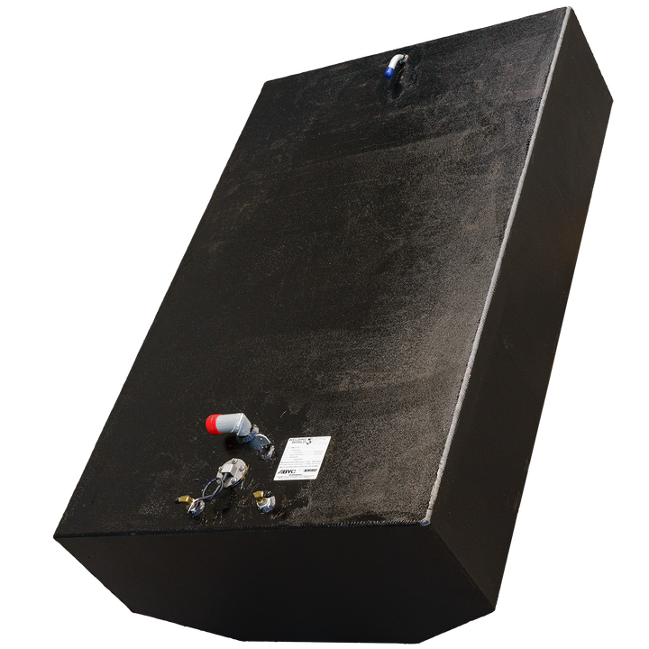 OEM replacement belly fuel tank for Intrepid 26' boats, featuring a 160-gallon capacity, with a black exterior and various fittings on the bottom