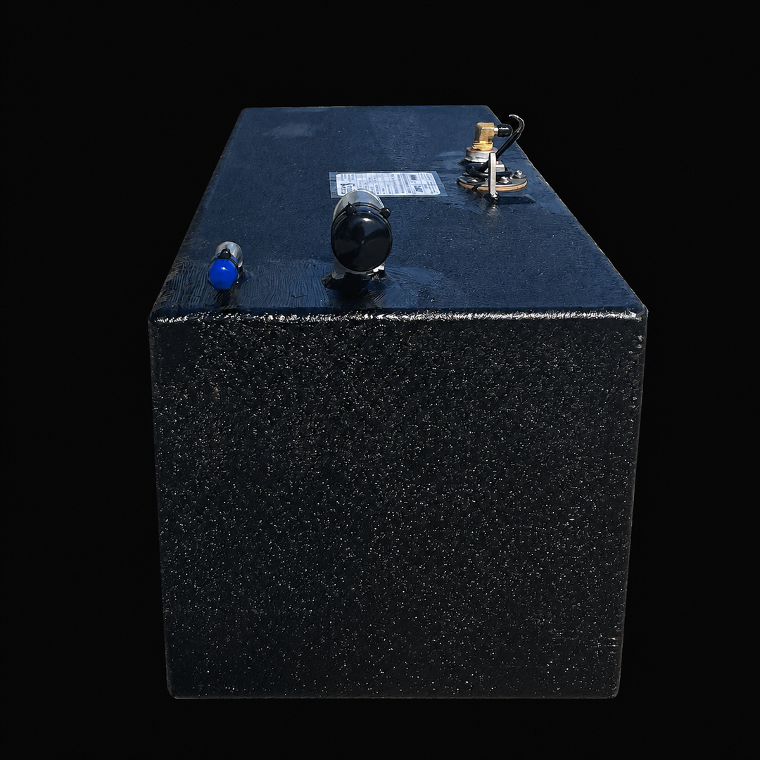 A straight, low-angle front-elevation view of a black Intrepid 26 Auxiliary replacement marine fuel tank from file image_0a2e5b.jpg, isolated against a black background. This perspective highlights the flat, narrow front face of the 51-gallon auxiliary fuel cell, showcasing its tall rectangular profile precision-fabricated from heavy-gauge marine-grade 5052-H32 aluminum. The entire outer surface is fully encapsulated in a premium, textured, anti-corrosive black TarGard epoxy coating to shield the tank struc