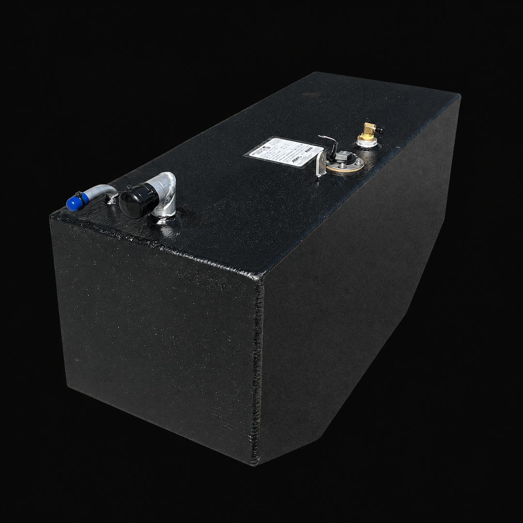 A high-angle isometric perspective view of a black Intrepid 26 Auxiliary replacement marine fuel tank from file image_0a2b18.jpg, isolated against a black background. This dimensional view showcases the compact rectangular block profile of the 51-gallon auxiliary fuel cell, highlighting a distinct longitudinal bottom-edge bevel on one side engineered by Welding World to conform seamlessly to the vessel's specific hull rise and deadrise lines. Precision-fabricated from heavy-gauge marine-grade 5052-H32 alumi