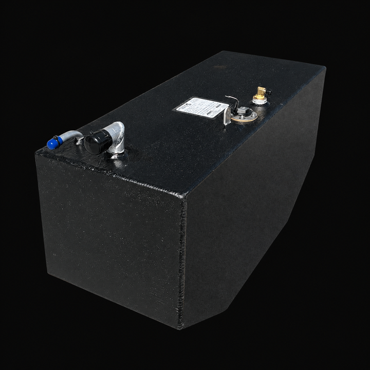 A high-angle isometric perspective view of a black Intrepid 26 Auxiliary replacement marine fuel tank from file image_0a2b18.jpg, isolated against a black background. This dimensional view showcases the compact rectangular block profile of the 51-gallon auxiliary fuel cell, highlighting a distinct longitudinal bottom-edge bevel on one side engineered by Welding World to conform seamlessly to the vessel's specific hull rise and deadrise lines. Precision-fabricated from heavy-gauge marine-grade 5052-H32 alumi