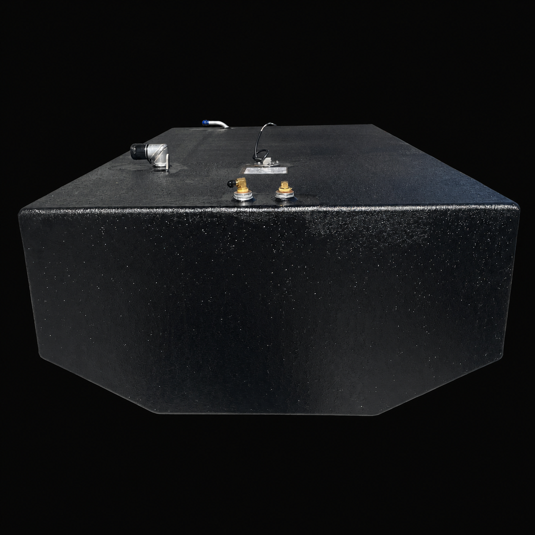 A straight, low-angle front-elevation view of a black Intrepid 26 Original Belly replacement marine fuel tank from file image_0a2dff.jpg, isolated against a black background. This specific perspective highlights the deep rectangular front profile of the 158-gallon center-hull fuel cell, clearly showing the symmetrical, V-shaped angled bottom corners precision-engineered by Welding World to conform perfectly to the boat's central deadrise stringer grid. The heavy-duty structure is fully fabricated from marin