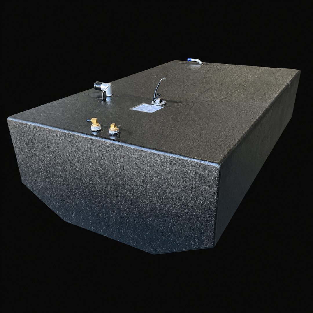 A high-angle isometric perspective view of a black Intrepid 26 Original Belly replacement marine fuel tank from file image_0a2717.jpg, isolated against a black background. This dimensional view showcases the deep rectangular box structure of the high-capacity 158-gallon center-hull fuel cell, featuring angled bottom corners engineered by Welding World to perfectly conform to the vessel's central deadrise stringer grid. Precision-fabricated from heavy-gauge marine-grade 5052-H32 aluminum, the entire structur