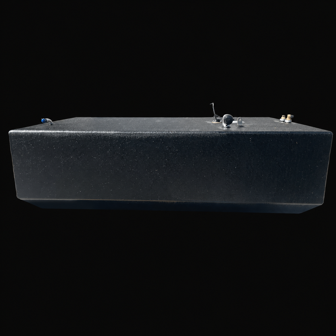 A straight side-elevation profile view of a black Intrepid 26 Original Belly replacement marine fuel tank from file image_0a8c37.jpg, isolated against a black background. This alternative longitudinal perspective showcases the full length of the 158-gallon center-hull fuel cell, highlighting its symmetrical, V-shaped angled bottom profile engineered by Welding World to align perfectly with the vessel's central deadrise stringer grid. Precision-fabricated from heavy-gauge marine-grade 5052-H32 aluminum, the 