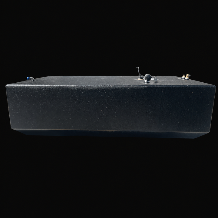 A straight side-elevation profile view of a black Intrepid 26 Original Belly replacement marine fuel tank from file image_0a8c37.jpg, isolated against a black background. This alternative longitudinal perspective showcases the full length of the 158-gallon center-hull fuel cell, highlighting its symmetrical, V-shaped angled bottom profile engineered by Welding World to align perfectly with the vessel's central deadrise stringer grid. Precision-fabricated from heavy-gauge marine-grade 5052-H32 aluminum, the 