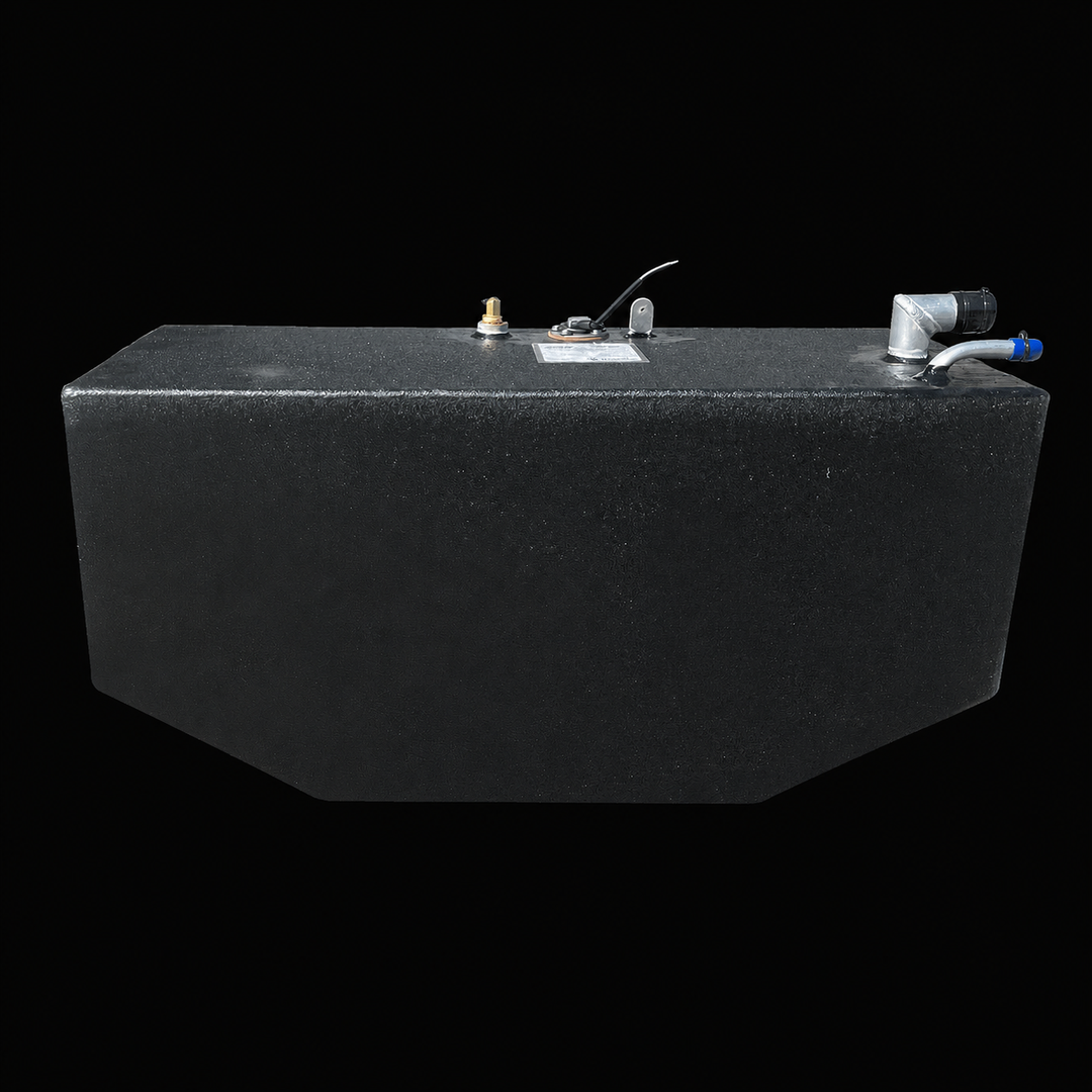A straight side-elevation profile view of a black Intrepid 26 Original Belly replacement marine fuel tank from file image_0a2eb5.jpg, isolated against a black background. This longitudinal perspective showcases the full length and geometry of the 158-gallon center-hull fuel cell, highlighting the symmetrical, V-shaped angled bottom profile precision-engineered by Welding World to rest perfectly within the vessel's central deadrise stringer grid. Precision-fabricated from heavy-gauge marine-grade 5052-H32 al