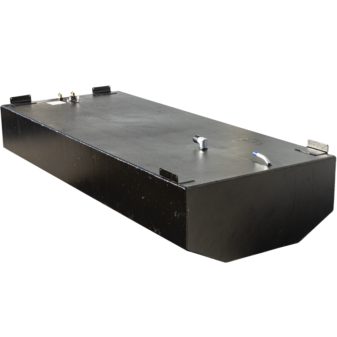 200-gallon aluminum bow fuel tank engineered for the Intrepid 30' center console, featuring a matte black finish and rectangular layout with a beveled aft edge. Topside components include a blue-handled shutoff valve, dual brass return fittings, a centrally located sender unit with wire harness, and a white certification label. Built from .190″ 5052-H32 marine-grade aluminum, the tank meets ABYC and USCG fuel system standards, with a test pressure rating of 9 psi under 33 CFR § 183.510(a)
