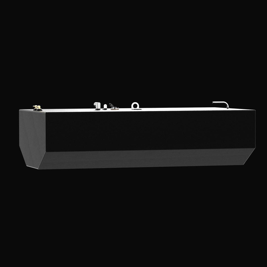 A low-angle profile rendering of a black Intrepid 30 CC Open OEM replacement marine fuel tank from file image_4383ed.png, isolated against a black background. This side-elevation perspective mirrors the full length of the center belly tank, showcasing its long structural geometry and specialized V-shaped bottom deadrise profile custom-engineered by Welding World to sit flush within the vessel's central hull stringer grid. Precision-fabricated from heavy-gauge marine-grade 5052-H32 aluminum, the large 173-ga