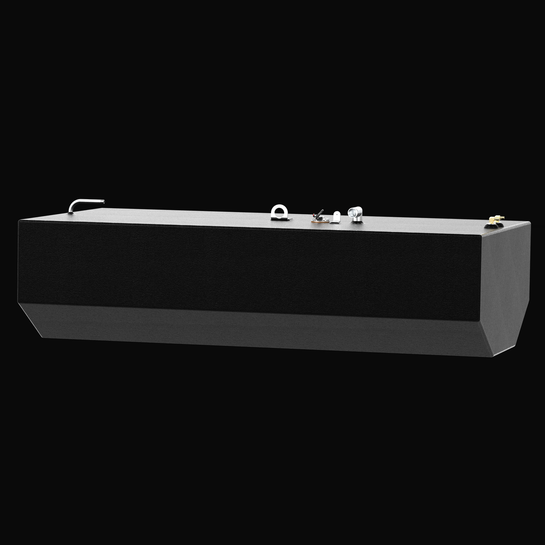 A low-angle profile rendering of a black Intrepid 30 CC Open OEM replacement marine fuel tank from file image_43804c.jpg, isolated against a black background. This side-elevation perspective showcases the long, structural geometry of the center belly tank and highlights its specialized V-shaped bottom deadrise profile, custom-engineered by Welding World to sit perfectly flush within the vessel's central hull stringer grid. Precision-fabricated from heavy-gauge marine-grade 5052-H32 aluminum, the large 173-g