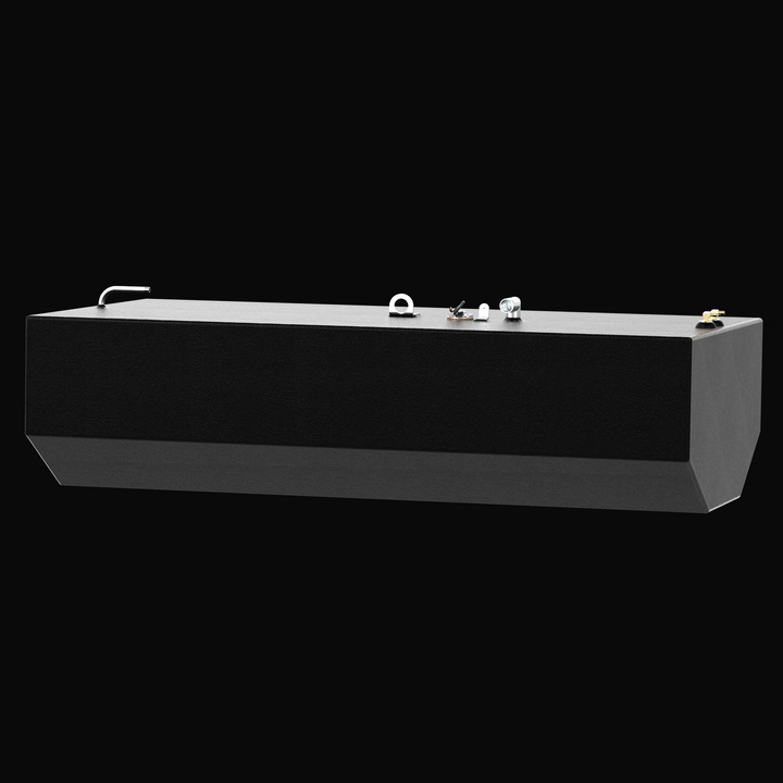 A low-angle profile rendering of a black Intrepid 30 CC Open OEM replacement marine fuel tank from file image_43804c.jpg, isolated against a black background. This side-elevation perspective showcases the long, structural geometry of the center belly tank and highlights its specialized V-shaped bottom deadrise profile, custom-engineered by Welding World to sit perfectly flush within the vessel's central hull stringer grid. Precision-fabricated from heavy-gauge marine-grade 5052-H32 aluminum, the large 173-g