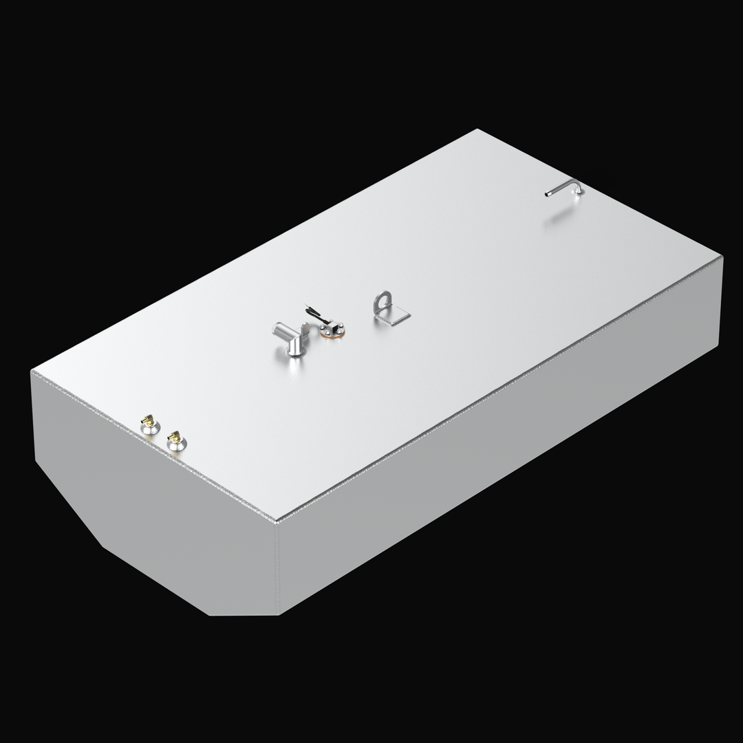 A high-angle isometric perspective view of a raw aluminum Intrepid 30 CC Open OEM replacement marine fuel tank rendering from file image_4380c1.jpg, isolated against a black background. This dimensional overview showcases the tank's custom-engineered V-shaped bottom profile, meticulously modeled by Welding World to sit flush within the center hull deadrise stringer grid of the vessel. Precision-fabricated from heavy-gauge marine-grade 5052-H32 aluminum, this unsealed variant of the large 173-gallon structur