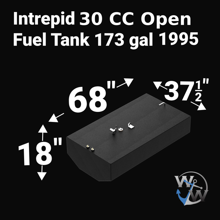 Dimensional technical diagram for a black encapsulated Intrepid 30 CC Open Fuel Tank 173 gal 1995 replacement from file image_4375e1.jpg. The graphic displays precise technical engineering specifications with measurements of 68" length, 37-1/2" width, and 18" height, showcasing a specialized large center belly fuel cell with a distinct V-shaped bottom profile engineered by Welding World to sit flush within the vessel's center hull deadrise stringer grid. The structural tank body is fully encapsulated in an 