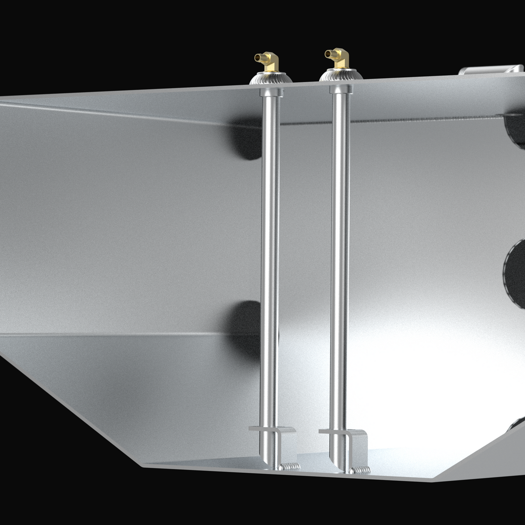 A close-up, cutaway technical rendering of the internal dual pickup assembly and baffle system of a raw aluminum Intrepid 30 CC Open replacement marine fuel tank from file image_437902.jpg, isolated against a black background. This transparent cross-sectional view showcases the advanced engineering designed by Welding World to eliminate fuel starvation in high-performance setups, revealing dual rigid aluminum fuel pickup tubes extending from top-deck brass 90-degree elbows down to the deepest point of the t