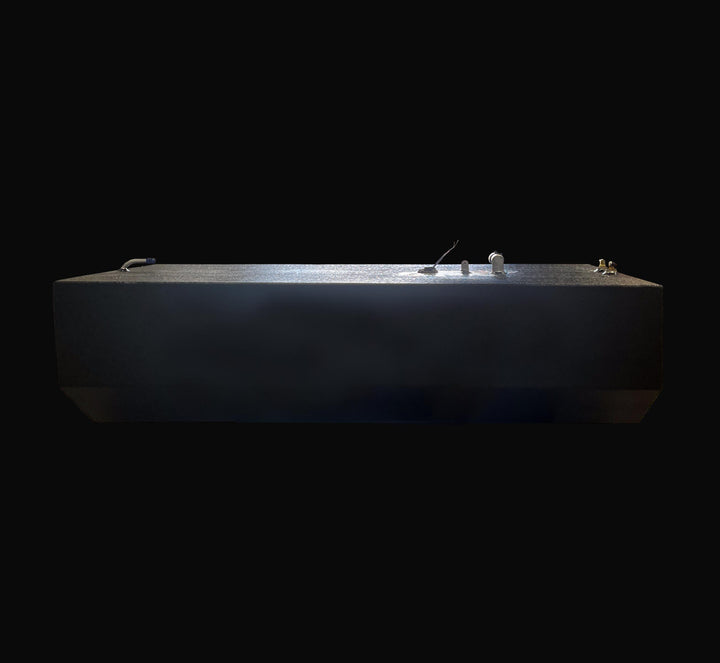 Side-perspective view of a 178-gallon Intrepid 30 (1991) main fuel tank replacement, showcasing the precision-engineered hull-conforming bottom geometry. The image highlights the rugged, high-build Coal Tar Epoxy coating and top-mounted fuel system components, ensuring a guaranteed OEM fit and superior corrosion resistance for classic offshore Intrepid restorations.