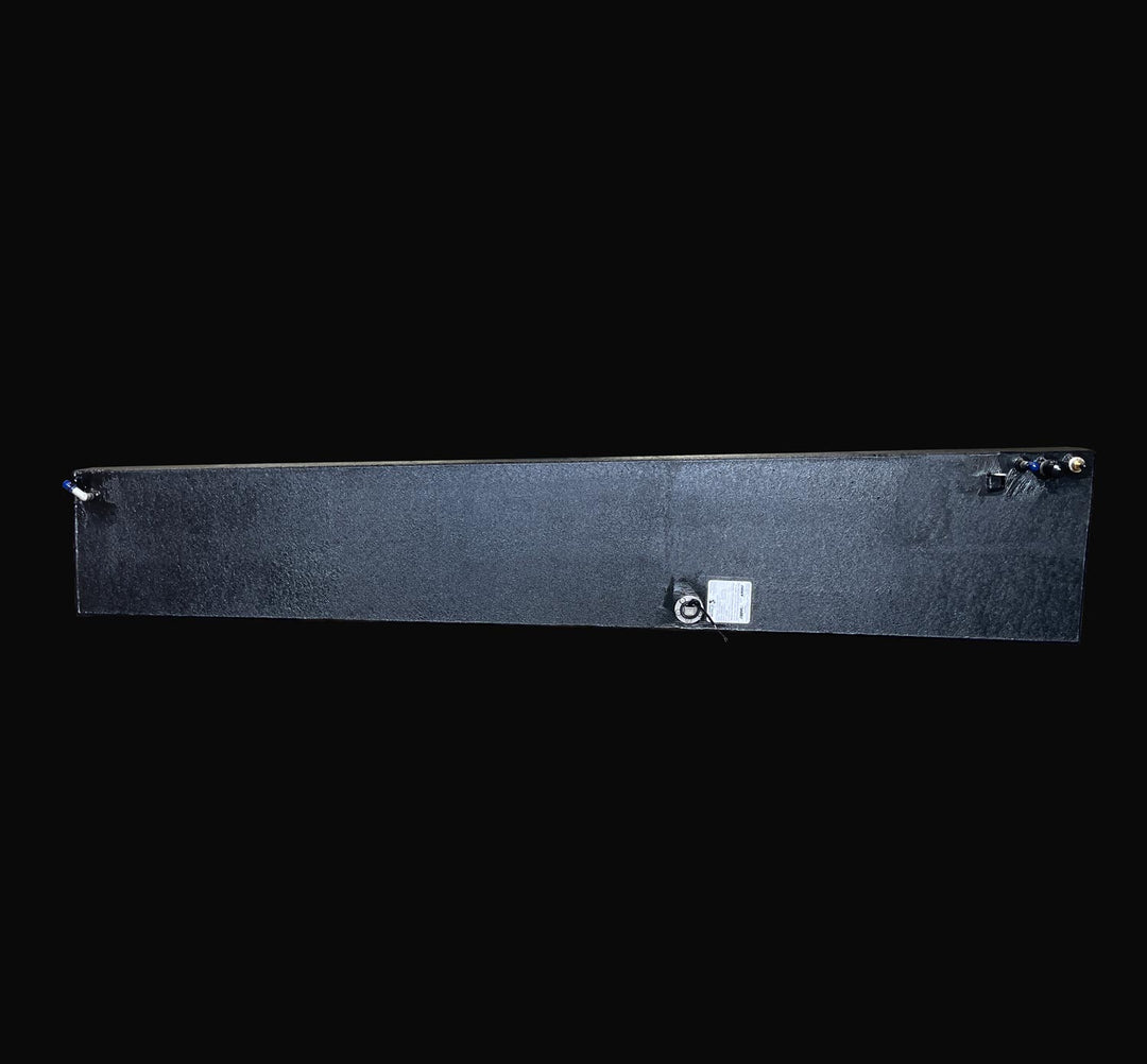 Top-down plan view of a 47-gallon Intrepid 30 (1991) wing fuel tank replacement, showcasing the precision layout of top-mounted fittings and the rugged Coal Tar Epoxy finish. This perspective highlights the long-form geometry and integrated fuel sender, ensuring a guaranteed OEM fit and maximum corrosion resistance for classic offshore Intrepid restorations.