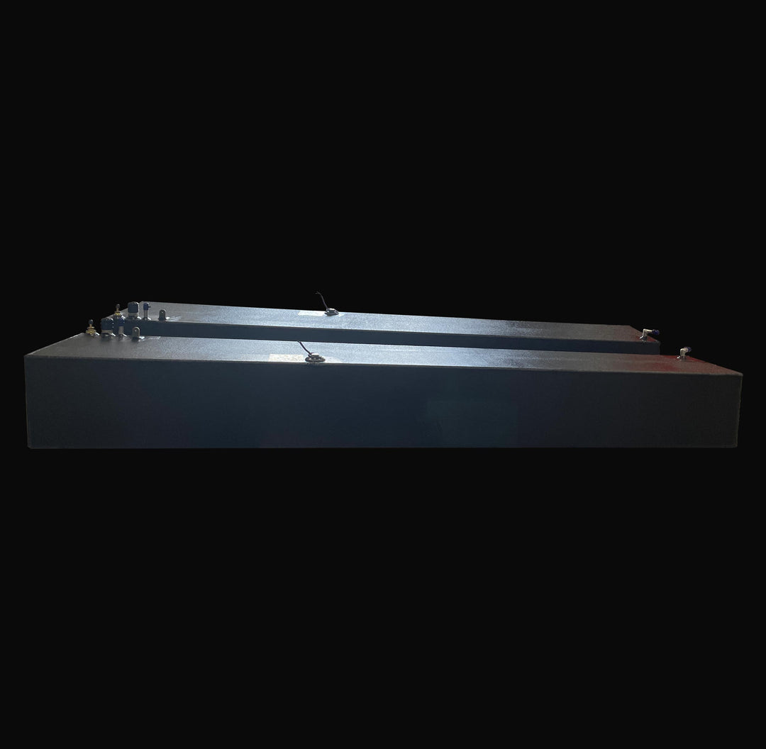Side-perspective view of a matched pair of 47-gallon port and starboard wing fuel tanks for a 1991 Intrepid 30 replacement. The image highlights the specialized sloped hull-conforming profile and heavy-duty Coal Tar Epoxy coating, ensuring a guaranteed OEM fit and maximum corrosion resistance for classic Intrepid restorations.