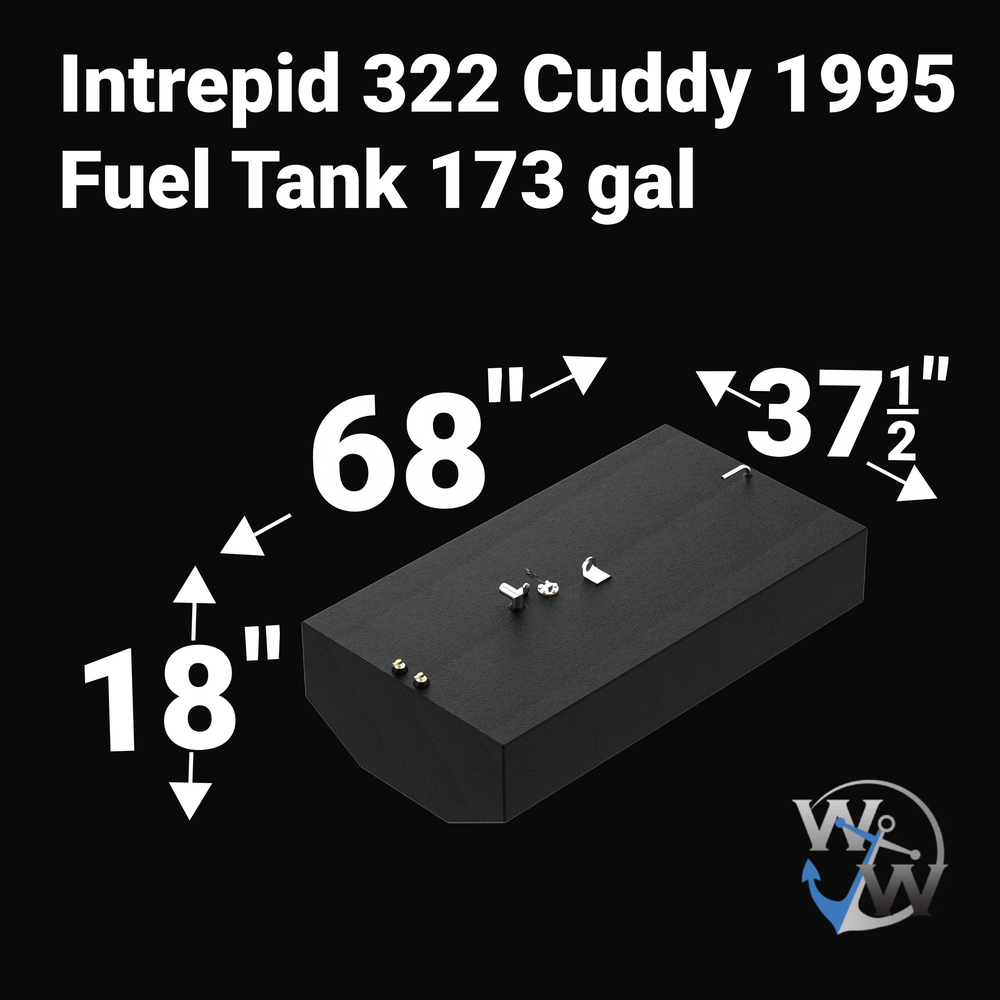 Detail view of the top-mounted hardware on a 173-gallon Intrepid 322 Cuddy replacement fuel tank. This close-up shows the fuel sending unit, grounding tab, and heavy-duty brass pickup fittings installed on the .188-gauge marine aluminum surface. The entire tank is finished in a thick, textured Coal Tar Epoxy for ultimate corrosion resistance, and features a permanent USCG/ABYC certification label for regulatory compliance.