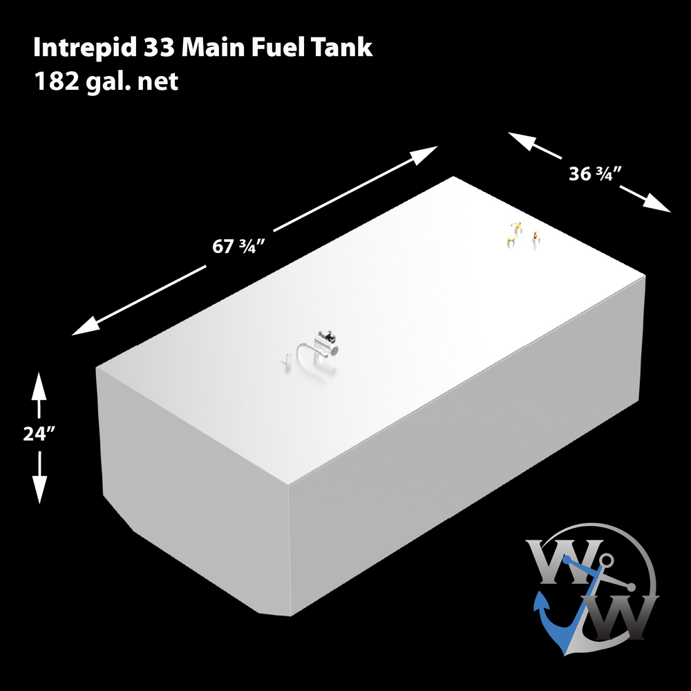 Intrepid 33' OEM replacement belly fuel tank with dimensions 67¾ inches in length, 36¾ inches in width, and 24 inches in height, featuring a net capacity of 182 gallons