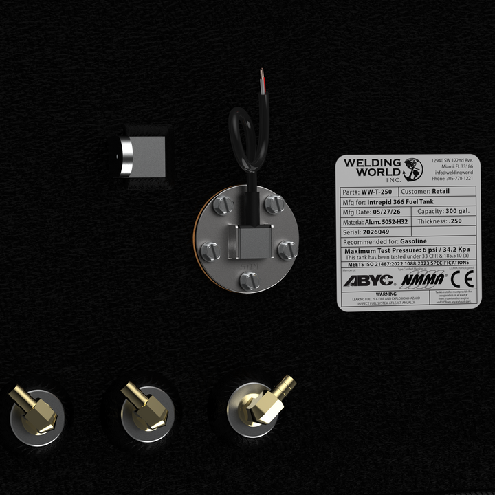 A detailed top-down view of the manufacturer specification plate and deck hardware on an Intrepid 366 300-gallon OEM replacement marine fuel tank. The official metal certification tag from Welding World Inc. specifies a 300-gallon capacity, heavy-duty .250 thickness marine-grade 5052-H32 aluminum construction, a maximum test pressure of 6 psi / 34.2 Kpa, and full compliance with ABYC, NMMA, and CE standards for gasoline fuel cells. Positioned next to the label is a five-bolt electronic fuel level sending un