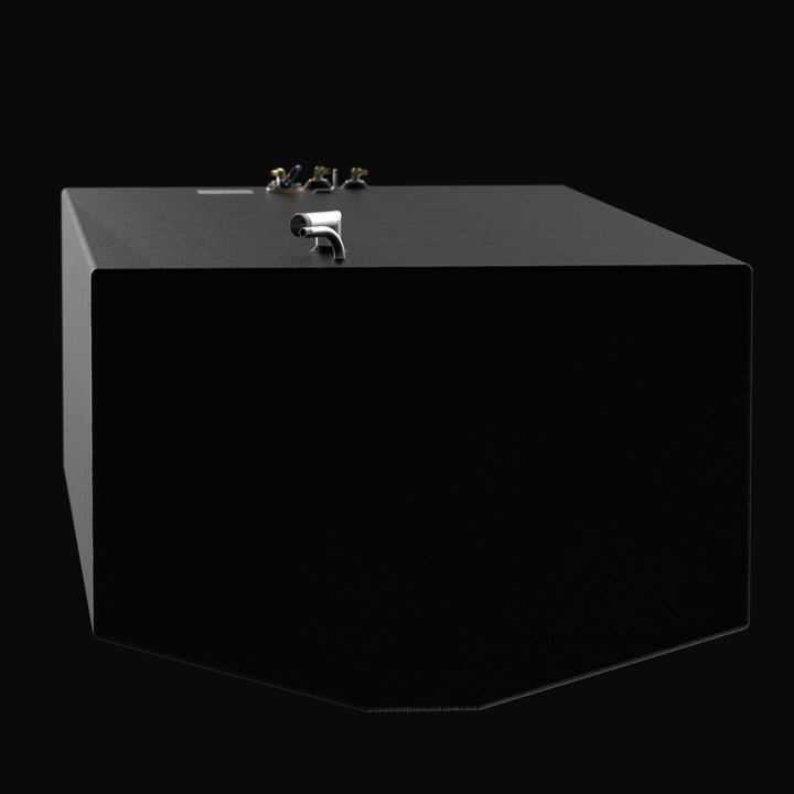 A low-angle front perspective rendering of a black single-tank assembly, emphasizing the deep hull-conforming underside of an Intrepid 370 Open 300-gallon OEM replacement marine fuel tank. The heavy-duty tank features a deep, multi-angled V-hull tapered bottom configuration designed to seat perfectly within the center console stringer layout. It is masterfully constructed from heavy-gauge marine-grade 5052-H32 aluminum and fully sealed in a textured, anti-corrosive black TarGard epoxy coating. The top deck 