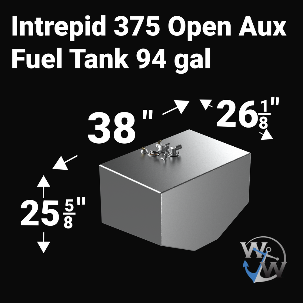 Dimensional technical diagram for a raw aluminum Intrepid 375 Open auxiliary replacement marine fuel tank featuring a 94-gallon capacity. The graphic displays precise technical specifications with measurements of 38" length, 26 1/8" width, and 25 5/8" height, illustrating the specialized V-hull tapered bottom configuration. The top deck displays an unsealed variant layout complete with brass fuel pickups, a fuel fill neck, and a sending unit assembly. Engineered by Welding World from heavy-duty marine-grade