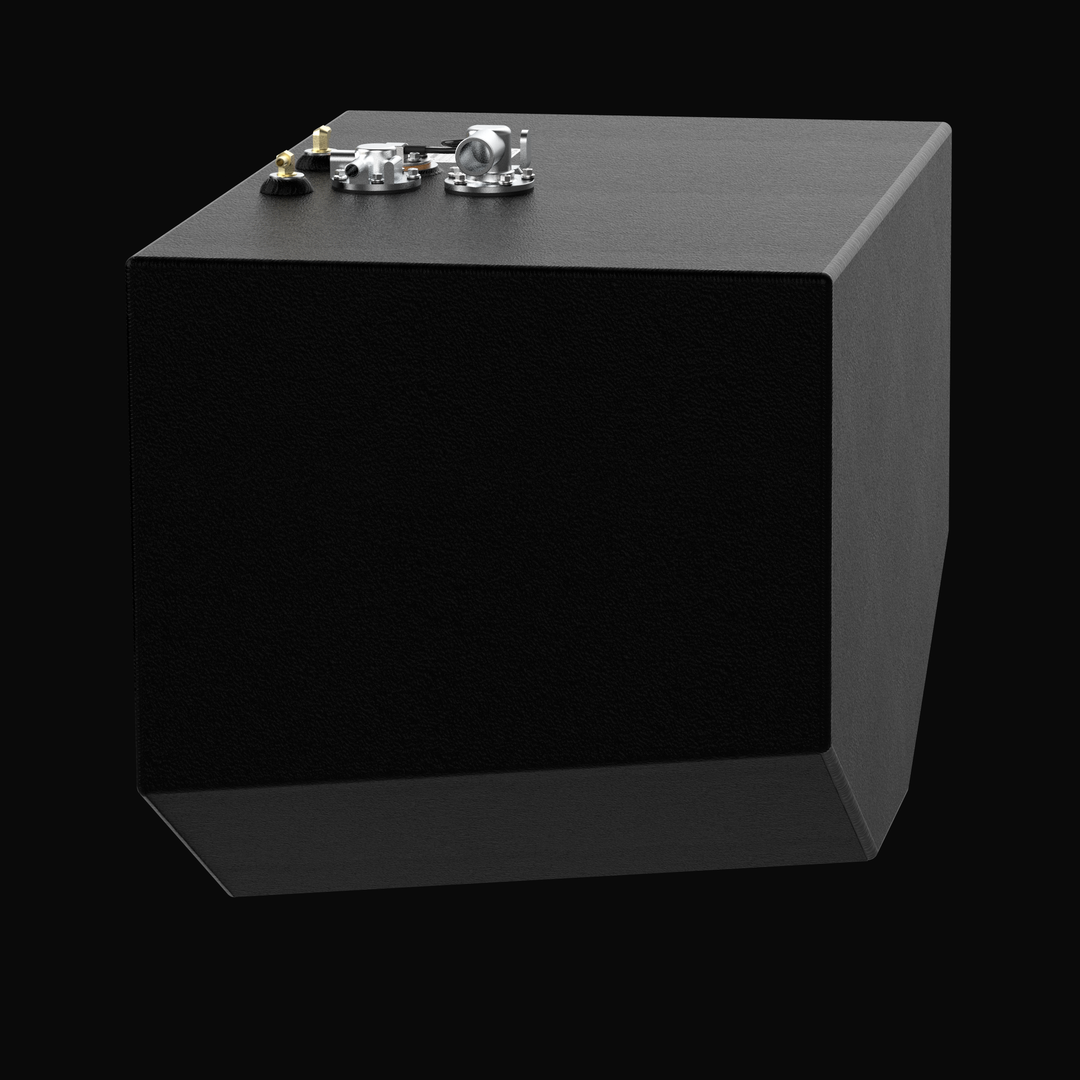 A three-quarter front perspective view of a single black marine fuel cell, highlighting the forward auxiliary unit of an Intrepid 375 Open (2-tank combo) OEM replacement marine fuel tank system. The tank is masterfully constructed from heavy-gauge marine-grade 5052-H32 aluminum and encapsulated in a durable, textured black TarGard epoxy coating for maximum corrosion resistance. The design showcases the specialized multi-angled, V-hull tapered bottom geometry built to align seamlessly with a deep-V center co
