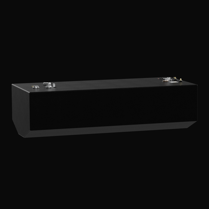 A panoramic side perspective view of a high-capacity main marine fuel cell, showcasing the long-range unit of an Intrepid 375 Open (2-tank combo) OEM replacement marine fuel tank system. Masterfully constructed from heavy-gauge marine-grade 5052-H32 aluminum, the tank is completely encapsulated in a durable, textured black TarGard epoxy coating for maximum corrosion resistance in harsh bilge environments. The low-profile view emphasizes the specialized longitudinal multi-angled, V-hull tapered bottom geomet