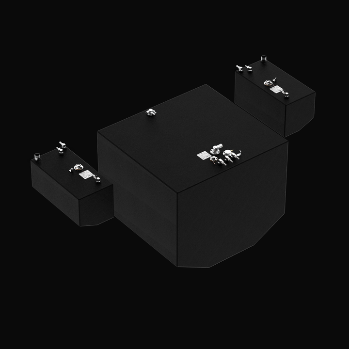 A studio high-angle isometric view displaying the full three-tank layout of an Intrepid 430SY OEM replacement marine fuel tank package from file image_9eb13f.jpg, isolated against a black background. The set includes a massive center main fuel tank (376 gal) flanked by two matching port and starboard saddle fuel tanks (25 gal each). Precision-fabricated from heavy-gauge marine-grade 5052-H32 aluminum, all three custom bodies feature V-hull contoured base geometries fully encapsulated in a smooth, protective