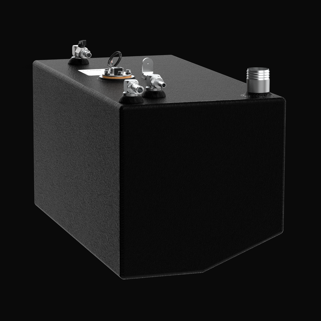 A studio high-angle isometric view displaying a physical, finished black encapsulated Intrepid 430SY Saddle OEM replacement marine fuel tank (25 gal) from file image_9eb611.jpg, isolated against a black background. Precision-fabricated from heavy-gauge marine-grade 5052-H32 aluminum, the rectangular body with a tapered bottom hull corner is fully encapsulated in a smooth, protective black TarGard epoxy coating to resist severe saltwater pitting and bilge moisture decay. Top deck hardware configuration featu