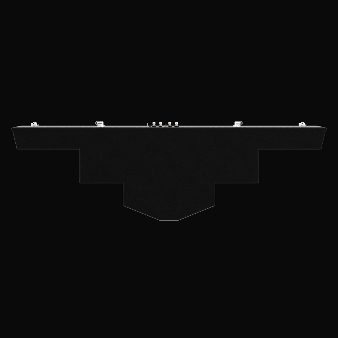 A straight-on side elevation profile view of a massive black custom tank unit, detailing the intricate symmetrical stepped layout for an Intrepid 475 Open Spec OEM replacement marine fuel tank. The technical profile highlights a multi-level hull-conforming bottom geometry with a central deep V-profile sump section flanked by stepped wing tiers, engineered by Welding World to fit flawlessly into the boat's original stringer grid. Masterfully constructed from heavy-gauge marine-grade 5052-H32 aluminum, the fu