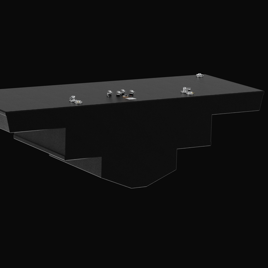 A three-quarter rear perspective rendering from a alternative back corner view of a massive black custom multi-tiered marine tank assembly, highlighting the specialized stepped hull-conforming bottom configuration of an Intrepid 475 Open Spec OEM replacement marine fuel tank. The heavy-duty tank features a deep central V-bottom profile designed by Welding World to sit flawlessly into the boat's original center console hull cavity. Masterfully constructed from heavy-gauge marine-grade 5052-H32 aluminum, the 