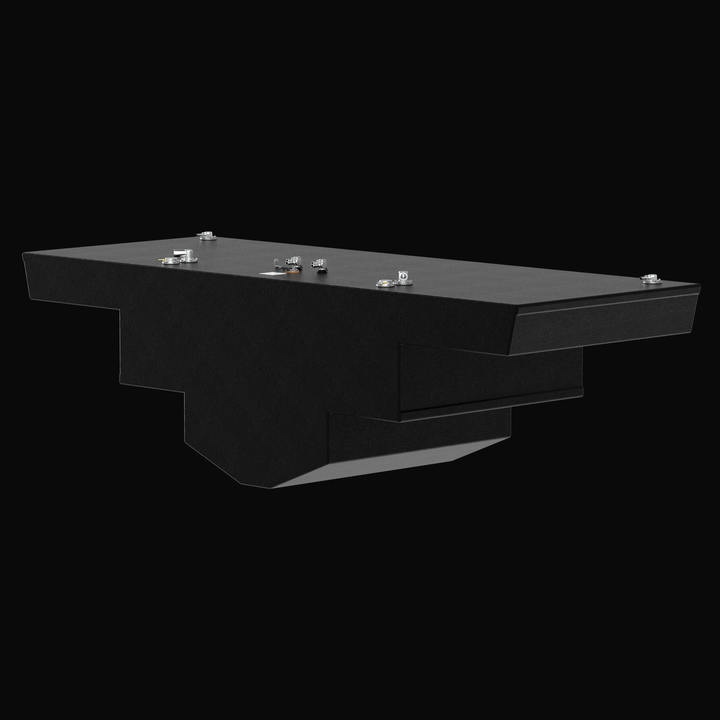A low-angle side perspective rendering of a black custom multi-tiered marine fuel cell, highlighting the complex longitudinal stepped hull-conforming geometry of an Intrepid 475 Open Spec OEM replacement marine fuel tank. This ultra-high-capacity fuel cell features an elaborate stepped and tapered bottom layout, masterfully constructed from heavy-gauge marine-grade 5052-H32 aluminum and fully sealed in a textured, anti-corrosive black TarGard epoxy coating. The clean upper profile showcases precise factory-