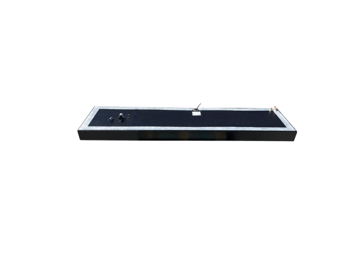 A low-angle side view of a long, rectangular boat fuel tank, showing its dark textured top with a light grey border and various fittings, against a transparent checkerboard background.