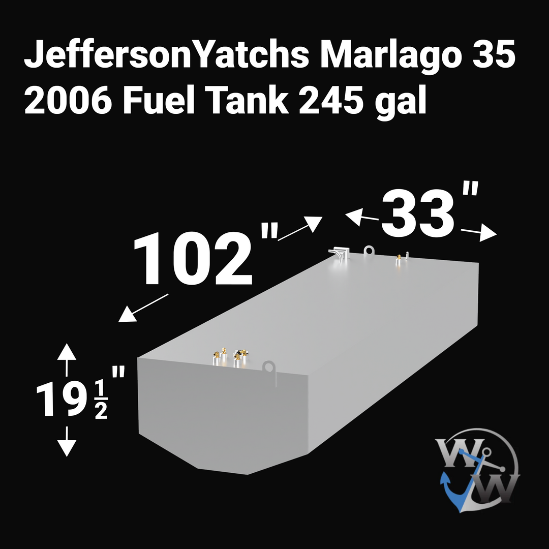 A 3D render of a boat fuel tank against a black background, labeled "Jefferson Yatchs Marlago 35 2006 Fuel Tank 245 gal". Arrows indicate the tank's dimensions: 19 1/2 inches high, 102 inches long, and 33 inches wide. A blue "WW" logo is in the bottom right corner.