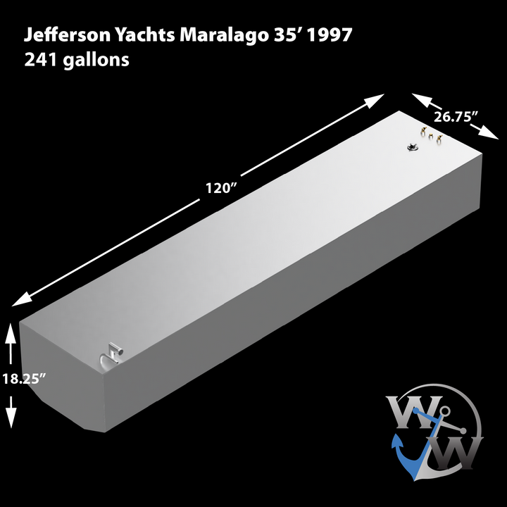 A silver Jefferson Yachts Maralago 35' 1997 fuel tank with a 241-gallon capacity. The tank is rectangular with one rounded end and features several metal fittings on its top surface, including a curved pipe and some brass-colored connectors. Dimensions are given as 120 inches long, 26.75 inches wide, and 18.25 inches high. The logo "W W" with a blue anchor is in the bottom right corner against a black background