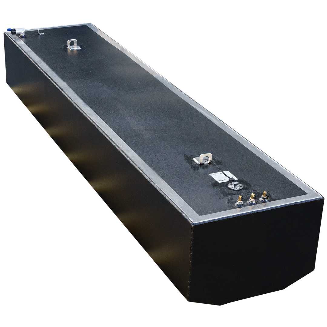 A rectangular, dark gray Jefferson Yachts Maralago 35' 1997 - 241 gal. OEM Replacement Fuel Tank is shown at an angle against a checkerboard transparent background. The tank has a lighter gray frame around its top edge, which is equipped with various metal fittings, including brass-colored connectors, a circular cap with exposed wires, and an eye bolt. The tank has a slightly textured surface