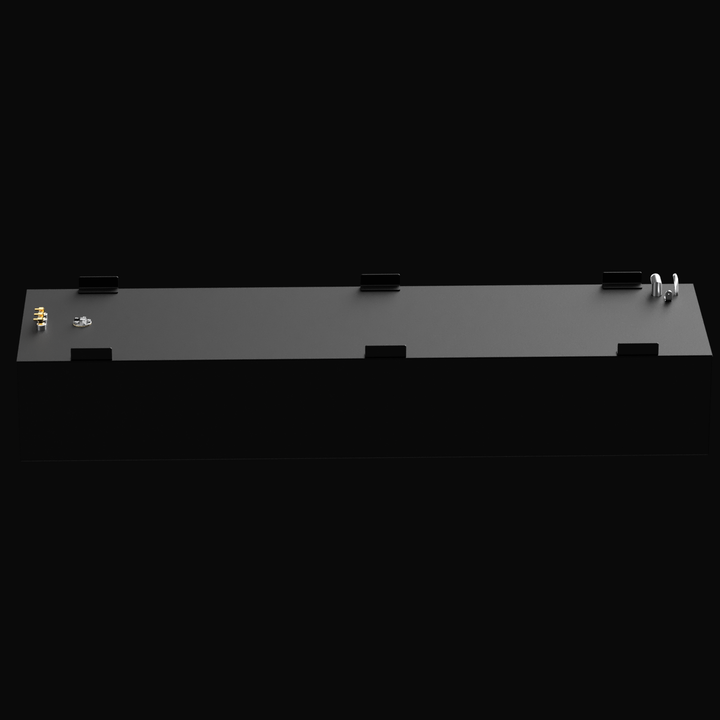 Top-down isometric view of a black 240-gallon fuel tank for Jefferson Yachts Maralago 35'. The tank has mounting tabs evenly spaced along both sides and features multiple fittings on the top, including three brass fuel ports near one end, a fuel sender unit, and two metallic vent fittings on the opposite end.