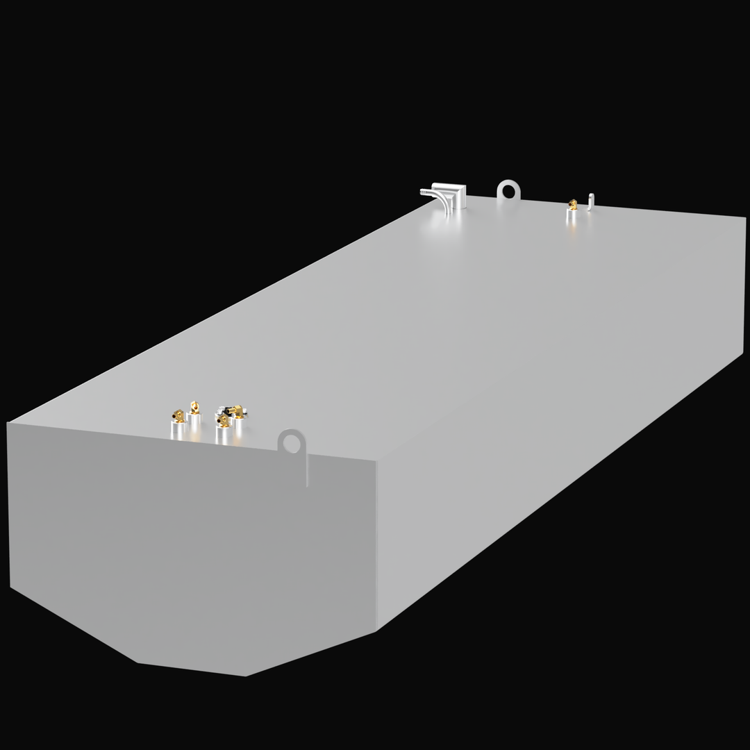 A 3D render of the Jefferson Yatchs Marlago 35 245-gallon 2006 Built to OEM Specs fuel tank, showing the long, light grey tank with two clusters of brass and silver fittings and two D-rings on its surface, against a black background.