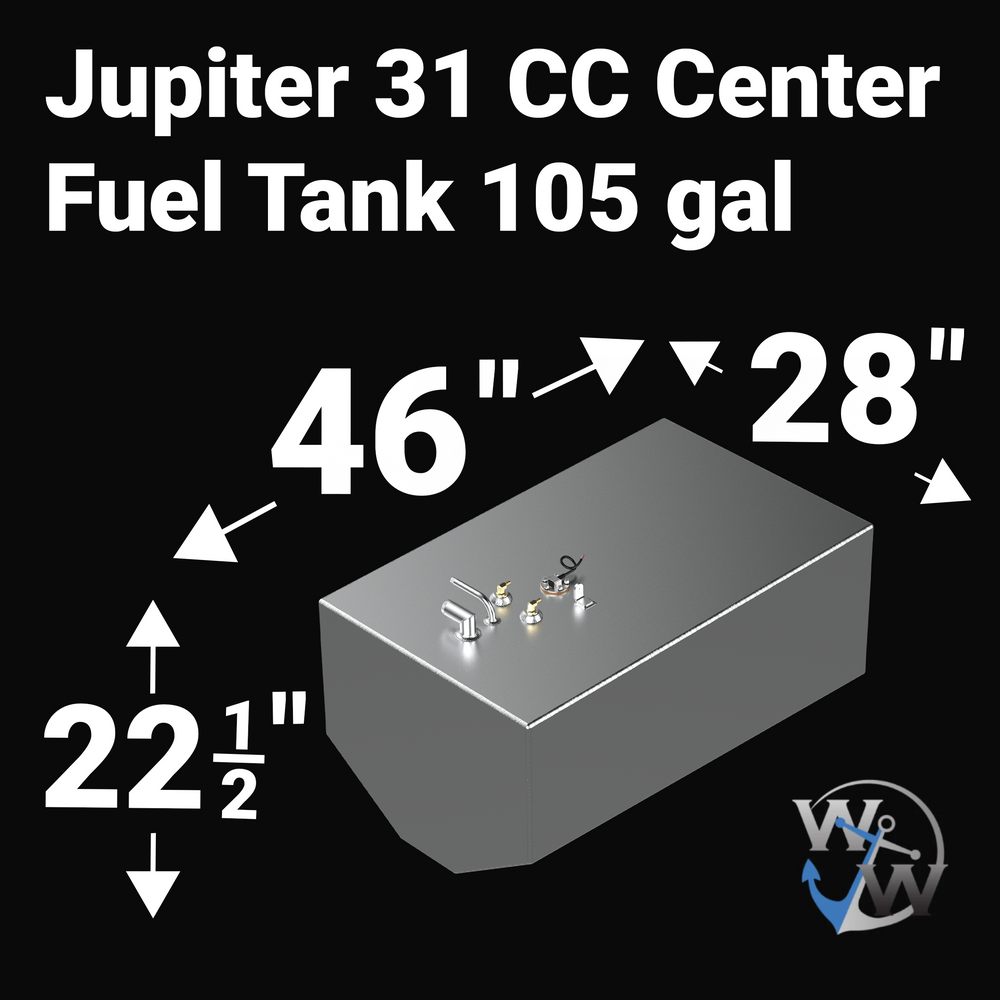 Dimensional technical diagram of a Jupiter 31 CC Center replacement fuel tank with a 105-gallon capacity. The graphic highlights precise measurements of 46" length, 28" width, and 22 1/2" height, including a specialized V-shaped hull-contoured bottom. Fabricated from marine-grade aluminum, this OEM replacement features pre-installed fuel pickups and a sending unit for a guaranteed 100% drop-in fit.