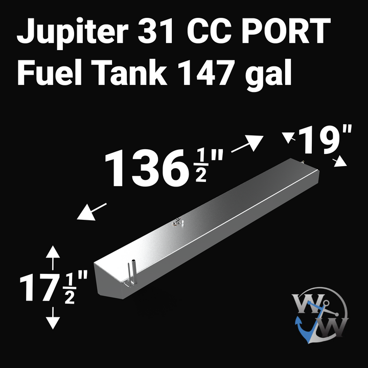 Dimensional technical diagram for a Jupiter 31 CC Port replacement fuel tank with a 147-gallon capacity. The graphic displays precise measurements of 136 1/2" length, 19" width, and 17 1/2" height, featuring a specialized hull-conforming tapered bottom. Fabricated from marine-grade 5052-H32 aluminum, this OEM replacement includes integrated fuel pickups and a sending unit for a guaranteed 100% drop-in fit.