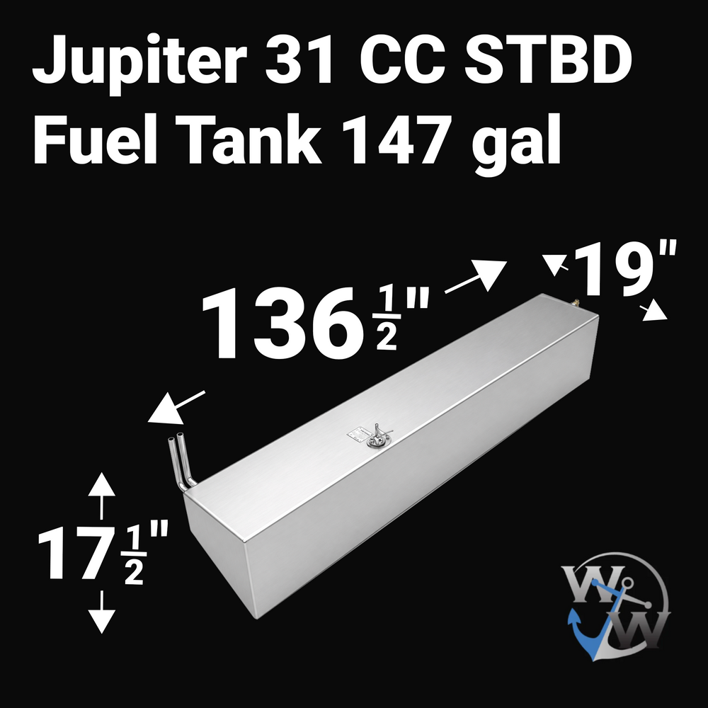 Dimensional technical diagram for a Jupiter 31 CC Starboard (STBD) replacement fuel tank with a 147-gallon capacity. The graphic highlights precise measurements of 136 1/2" length, 19" width, and 17 1/2" height, featuring a specialized tapered hull-conforming bottom. Fabricated from marine-grade aluminum, this OEM replacement includes integrated fuel pickups and a sending unit for a guaranteed 100% drop-in fit.