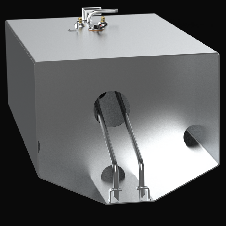 Internal cutaway view of a Jupiter 31 center belly replacement fuel tank highlighting the heavy-duty internal baffle system and dual anti-siphon pickup tubes. This marine-grade 5052-H32 aluminum tank features precision TIG welding and a specialized V-hull contoured bottom for a guaranteed 100% drop-in fit. The baffle design is engineered to maintain vessel stability and prevent fuel surging during high-performance offshore maneuvers.