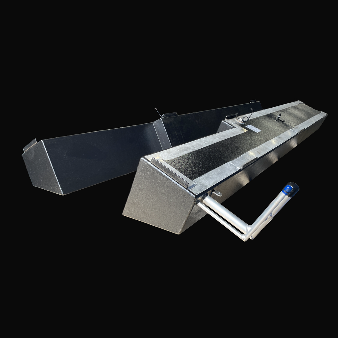 A studio perspective view of a matching pair of physical Jupiter 31 Cuddy port and starboard OEM replacement marine fuel tanks (105 gallons each) from file image_4a8d48.jpg, isolated against a black background. Precision-fabricated from heavy-gauge ** marine-grade 5052-H32 aluminum**, the long tapered saddle tank cells are custom-angled to match the vessel's outboard hull deadrise stringer bays. The bodies are encapsulated in a textured black TarGard epoxy coating to protect against saltwater pitting and bi