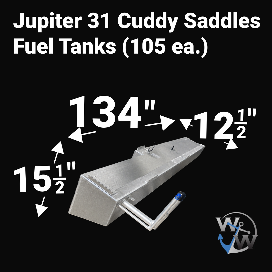 A high-angle isometric product graphic diagram of a raw aluminum Jupiter 31 Cuddy port and starboard saddle replacement fuel tank (105 gal ea.) from file image_4a8da4.jpg, isolated against a black background. Large white bold text overlays detail the exact physical dimensions, specifying a length of 134 inches, a width of 12-1/2 inches, and a height of 15-1/2 inches. The CAD rendering highlights the long tapered saddle geometry custom-angled by Welding World to fit the vessel's outboard stringer bays, along