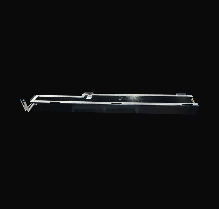 A full-length, side elevation studio view of the opposite side of a single physical, finished black encapsulated Jupiter 31 Cuddy port or starboard OEM replacement saddle fuel tank (105 gal) from file image_4a919e.png, isolated against a black background. This reverse side-profile perspective emphasizes the long, custom-stepped saddle profile engineered to sit flush within the vessel's outboard stringer bay. Precision-fabricated from heavy-gauge marine-grade 5052-H32 aluminum, the body is encapsulated in an