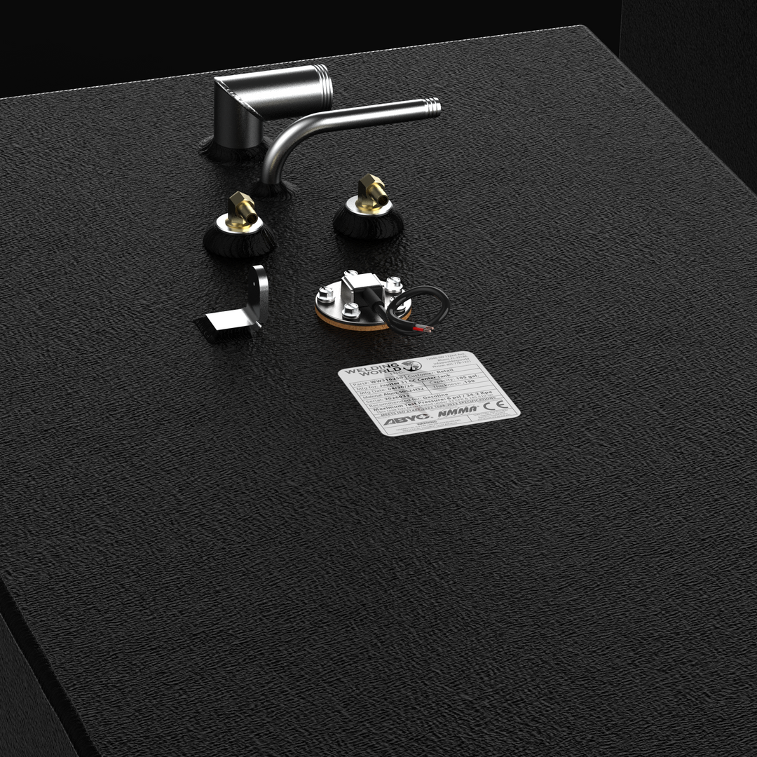 Close-up detail of the top of a Jupiter 31 center replacement fuel tank featuring a professional black Coal Tar Epoxy finish. The image highlights the ABYC and NMMA compliance certification label, precision-welded 316 stainless steel fill and vent tubes, brass fittings, and an integrated fuel sending unit. Built by Welding World from marine-grade 5052-H32 aluminum, this tank is engineered for a guaranteed 100% drop-in fit.