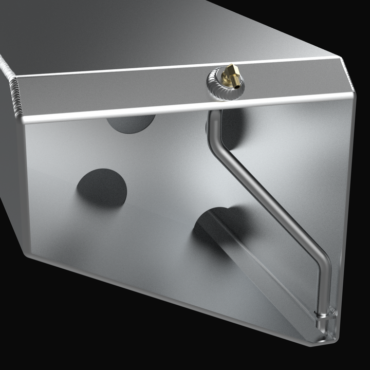 Internal cutaway view of a Jupiter 31 replacement fuel tank showcasing the heavy-duty internal baffles and anti-siphon pickup tube. The image highlights the precision TIG welding on .190" marine-grade aluminum and the specialized V-shape bottom designed for a guaranteed 100% drop-in fit. These baffles are engineered to reduce fuel slosh and maintain vessel stability during high-speed offshore maneuvers.