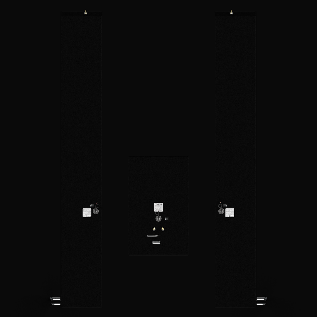 Overhead top-down view of the complete Jupiter 31 (1989-2008) 3-tank fuel system replacement, featuring the center belly tank and elongated port and starboard saddle tanks. This layout highlights the precision placement of the 316 stainless steel fill tubes, fuel sending units, and ABYC-compliant certification labels. Each unit is coated in protective black Coal Tar Epoxy and engineered for a guaranteed 100% drop-in fit within the original hull stringer configuration.