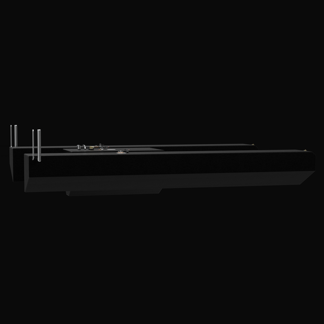 A low-profile side view of the Jupiter 31 (1989-2008) 3-tank replacement system, showcasing the long, tapered saddle tanks and the center belly tank. This view highlights the professional black Coal Tar Epoxy finish and the precision-welded 316 stainless steel fill and vent tubes. Fabricated from heavy-duty .190" marine-grade aluminum, these tanks are engineered to follow the hull's deadrise for a guaranteed 100% drop-in fit and maximum fuel capacity.