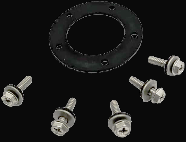A black rubber gasket with a 5-hole pattern mount surrounded by five stainless steel screws with washers, designed for SSS/SSL applications