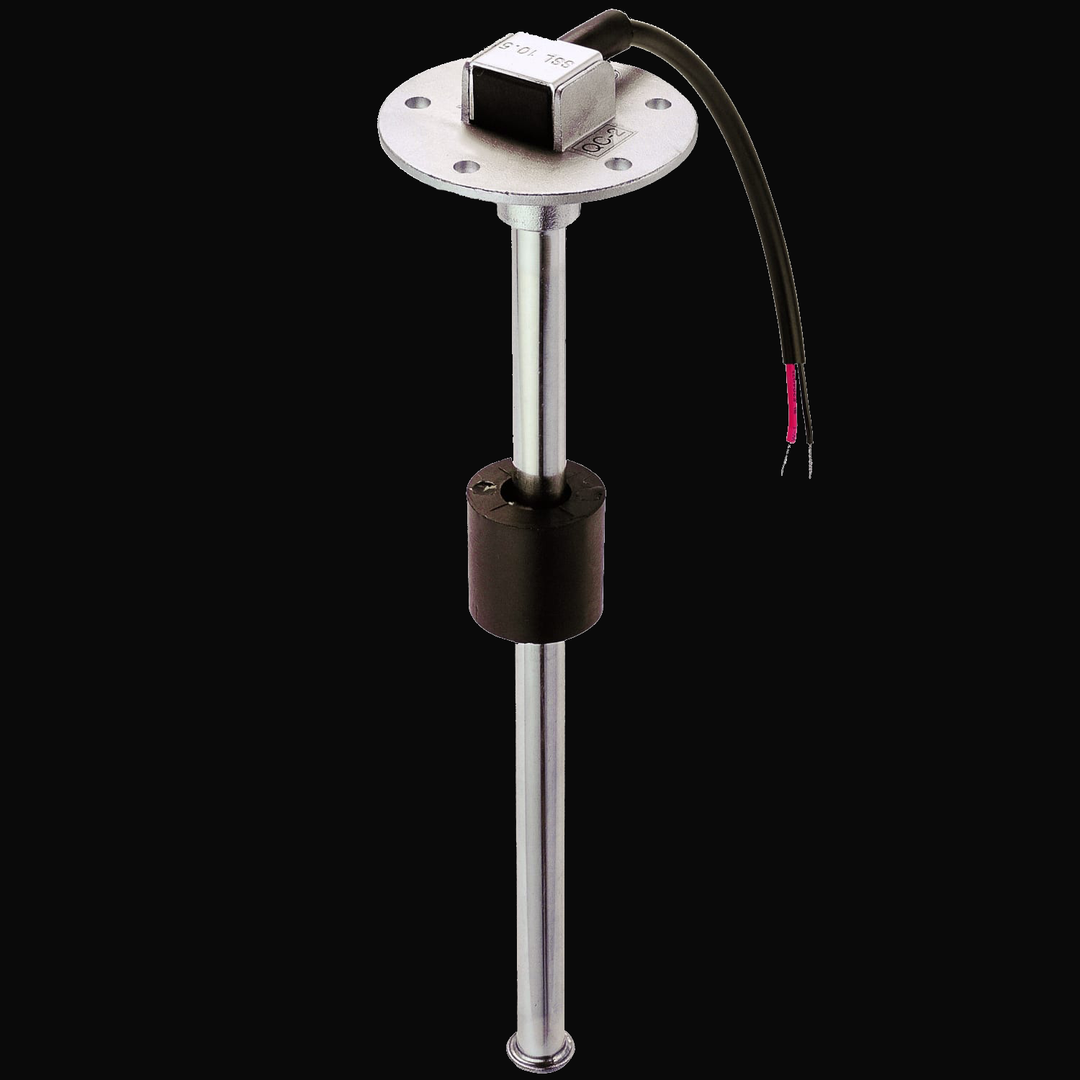 A stainless steel SSS/SSL sender with a SAE 5 hole pattern mount, featuring a cylindrical body, a sensor at the top, and electrical wires attached